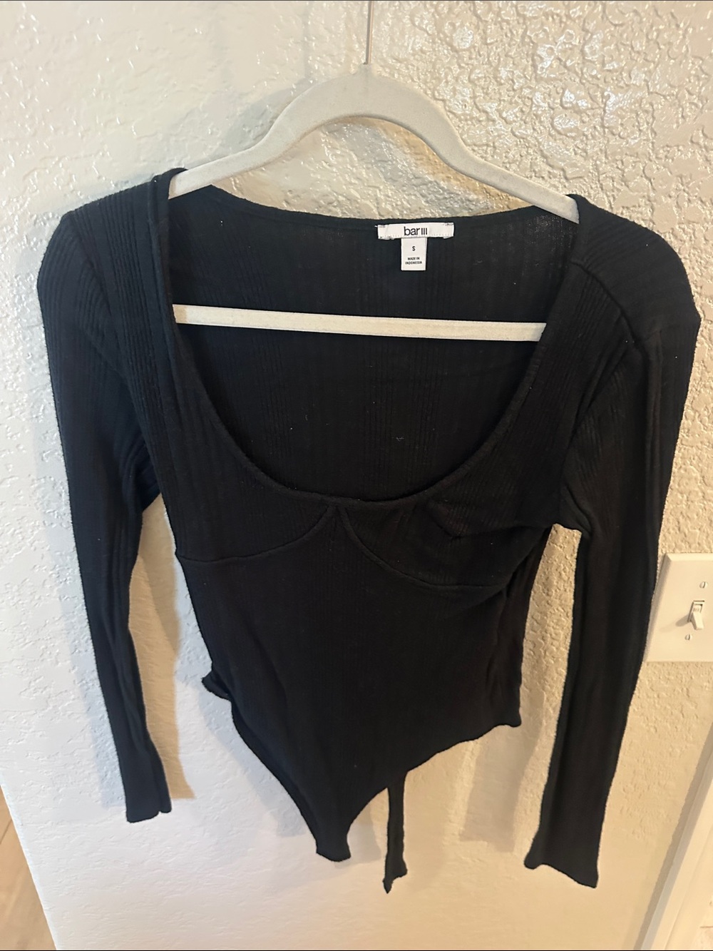 Bar III Black Ribbed Long-Sleeve Scoop Cup Bodysuit with Underbust Seams